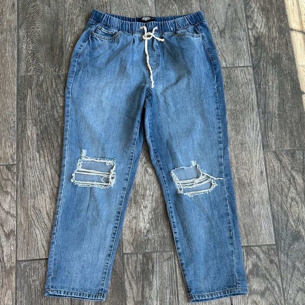 Rewash Distressed Cropped Jeans Drawstring Elastic Waist Ripped Denim Joggers